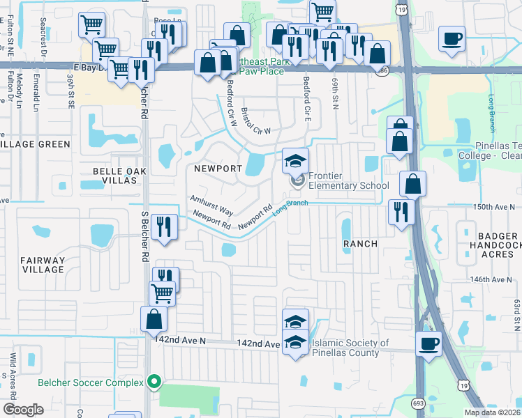 map of restaurants, bars, coffee shops, grocery stores, and more near 14992 Newport Road in Clearwater