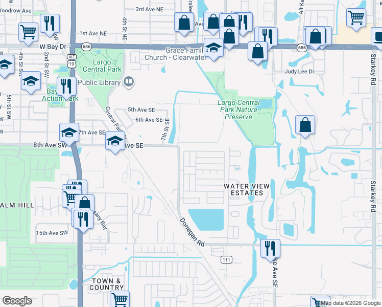 map of restaurants, bars, coffee shops, grocery stores, and more near 6th St in Largo