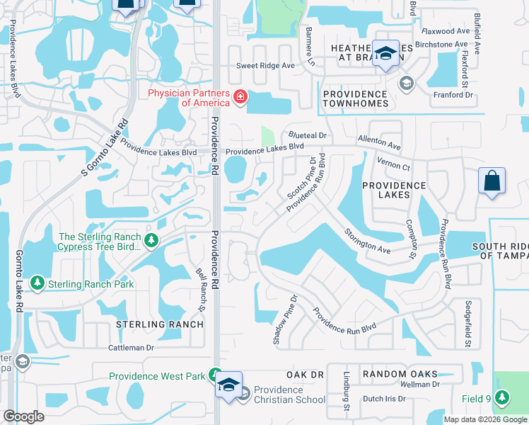 map of restaurants, bars, coffee shops, grocery stores, and more near 1407 Beth Page Court in Brandon