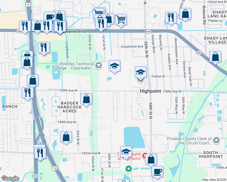 map of restaurants, bars, coffee shops, grocery stores, and more near 6073 150th Avenue North in Clearwater