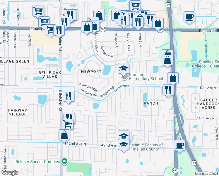 map of restaurants, bars, coffee shops, grocery stores, and more near 14992 Newport Road in Clearwater