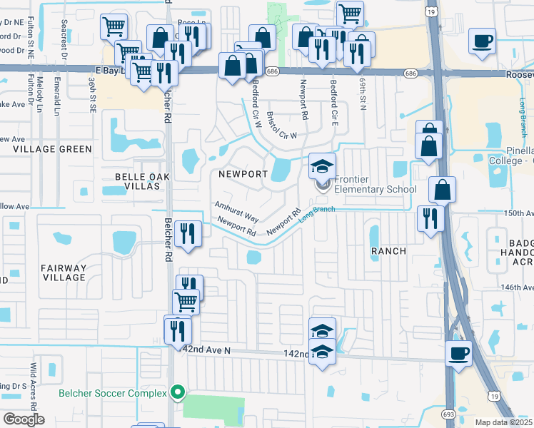map of restaurants, bars, coffee shops, grocery stores, and more near 7219 Amhurst Way in Clearwater