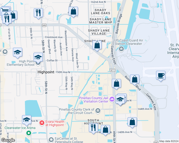 map of restaurants, bars, coffee shops, grocery stores, and more near 5256 Laurel Place in Clearwater
