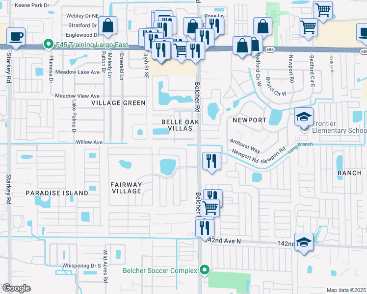 map of restaurants, bars, coffee shops, grocery stores, and more near 14 Duffers Drive North in Largo