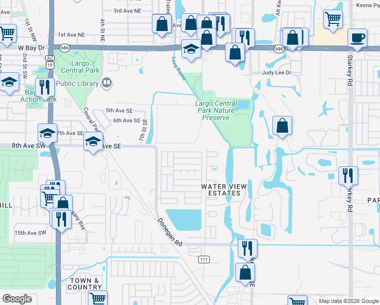 map of restaurants, bars, coffee shops, grocery stores, and more near 6th Street in Largo