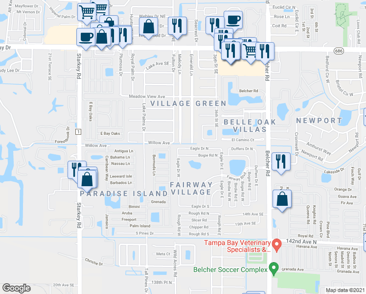 map of restaurants, bars, coffee shops, grocery stores, and more near 342 Eagle Drive North in Largo