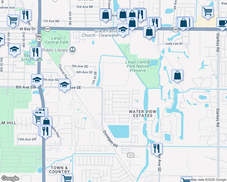 map of restaurants, bars, coffee shops, grocery stores, and more near 6th Street in Largo