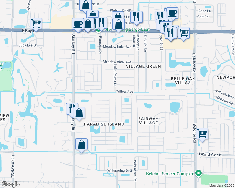 map of restaurants, bars, coffee shops, grocery stores, and more near 801 Lake Palms Drive in Largo