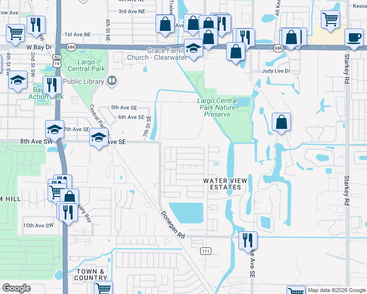 map of restaurants, bars, coffee shops, grocery stores, and more near 6th St in Largo