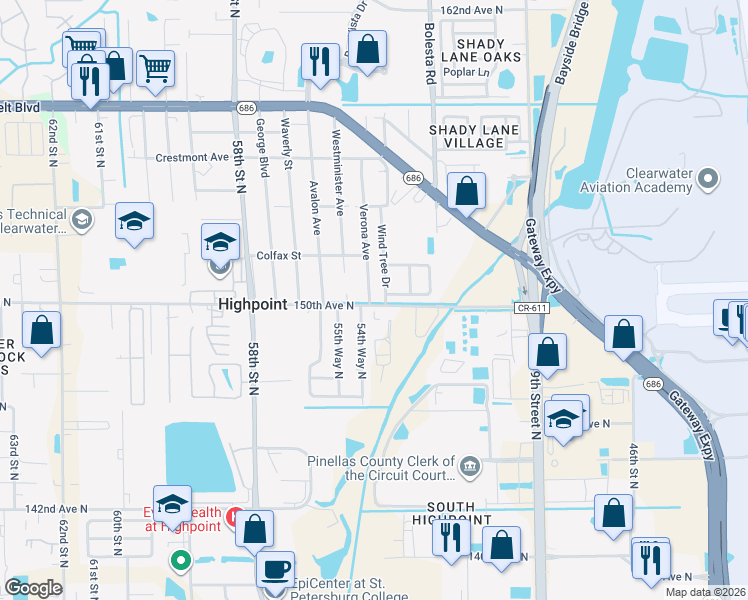 map of restaurants, bars, coffee shops, grocery stores, and more near 5384 Laurel Place in Clearwater