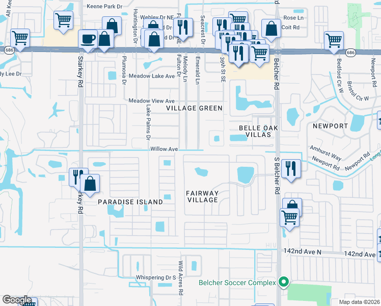 map of restaurants, bars, coffee shops, grocery stores, and more near 342 Eagle Drive North in Largo