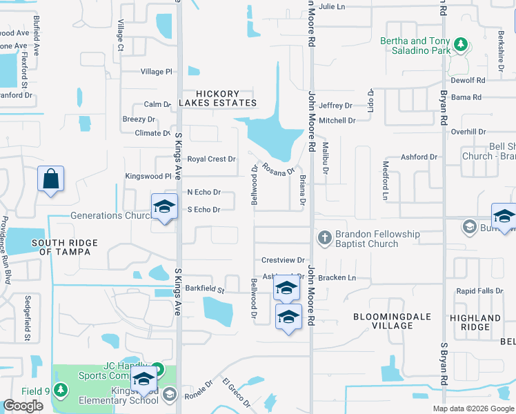 map of restaurants, bars, coffee shops, grocery stores, and more near 2527 Bellwood Drive in Brandon