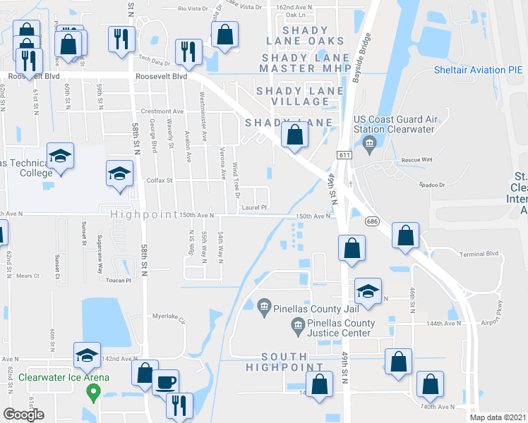 map of restaurants, bars, coffee shops, grocery stores, and more near 5256 Laurel Place in Clearwater