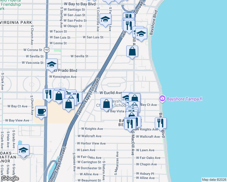 map of restaurants, bars, coffee shops, grocery stores, and more near 3136 South Waverly Park in Tampa
