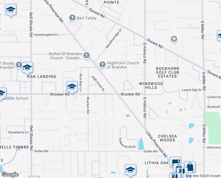 map of restaurants, bars, coffee shops, grocery stores, and more near 2217 High Point Drive in Brandon