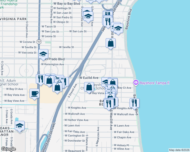 map of restaurants, bars, coffee shops, grocery stores, and more near 3136 South Waverly Park in Tampa
