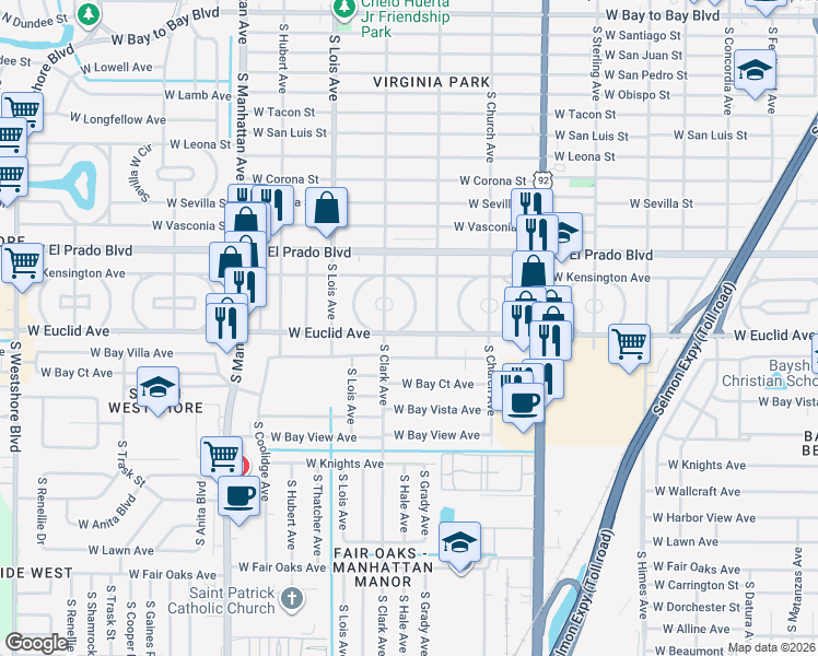 map of restaurants, bars, coffee shops, grocery stores, and more near 3629 East Clark Circle in Tampa