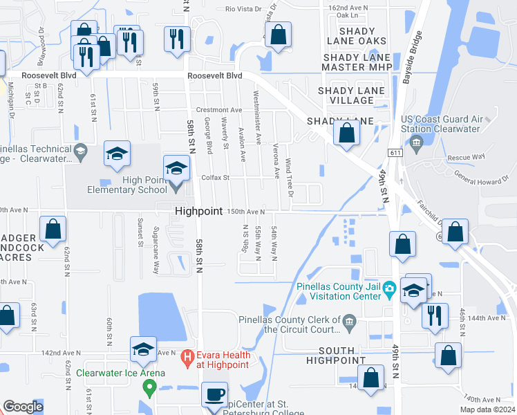 map of restaurants, bars, coffee shops, grocery stores, and more near 15017 Westminister Avenue in Clearwater