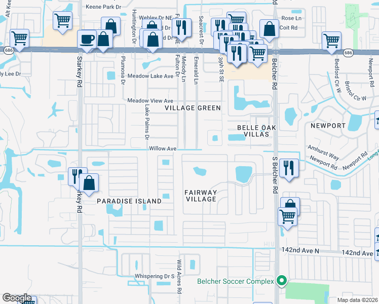 map of restaurants, bars, coffee shops, grocery stores, and more near 342 Eagle Drive North in Largo
