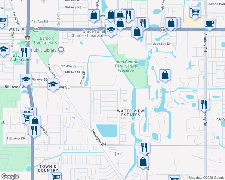 map of restaurants, bars, coffee shops, grocery stores, and more near 6th Street in Largo