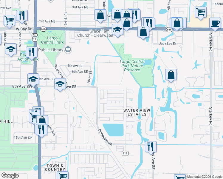map of restaurants, bars, coffee shops, grocery stores, and more near 6th St in Largo
