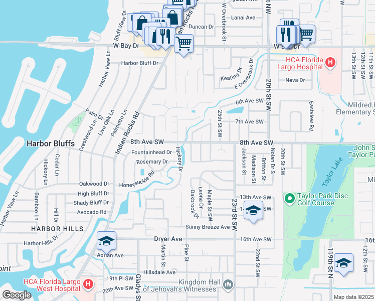 map of restaurants, bars, coffee shops, grocery stores, and more near 2889 Fountainhead Drive in Largo
