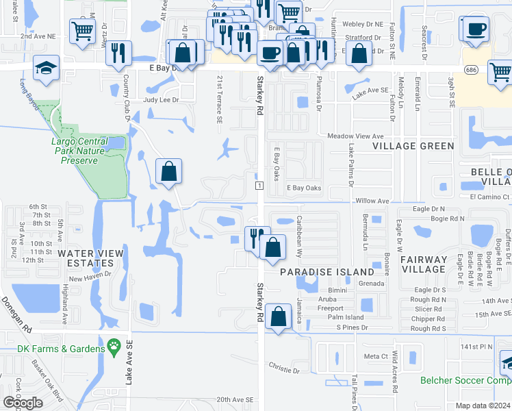 map of restaurants, bars, coffee shops, grocery stores, and more near 800 Starkey Road in Largo