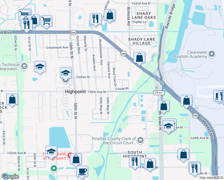 map of restaurants, bars, coffee shops, grocery stores, and more near 15001 Verona Avenue in Clearwater