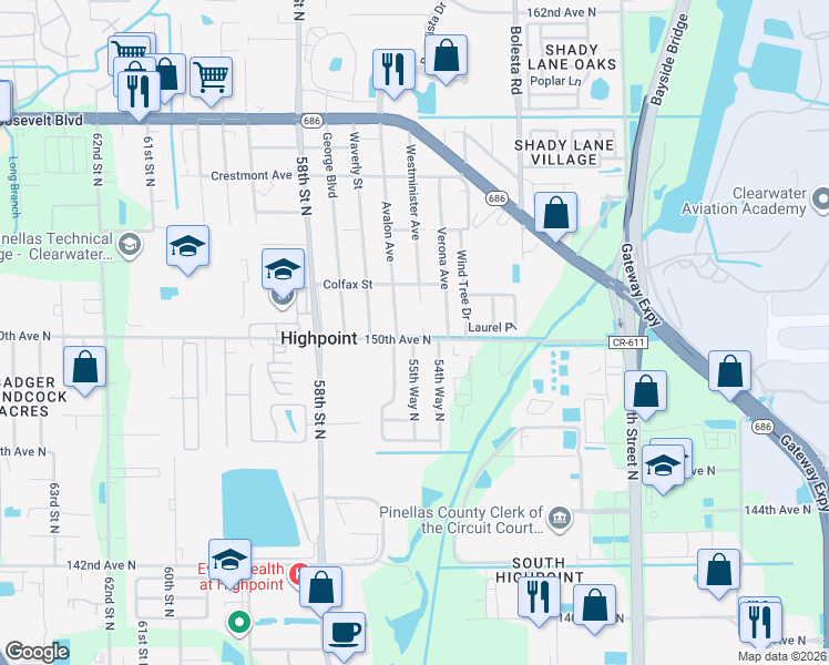map of restaurants, bars, coffee shops, grocery stores, and more near 15017 Westminister Avenue in Clearwater