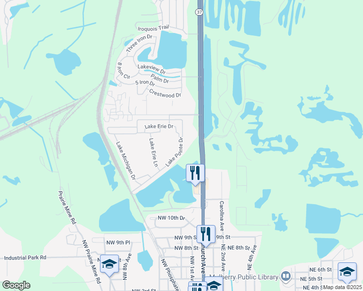 map of restaurants, bars, coffee shops, grocery stores, and more near 173-199 Lake Pointe Dr in Mulberry