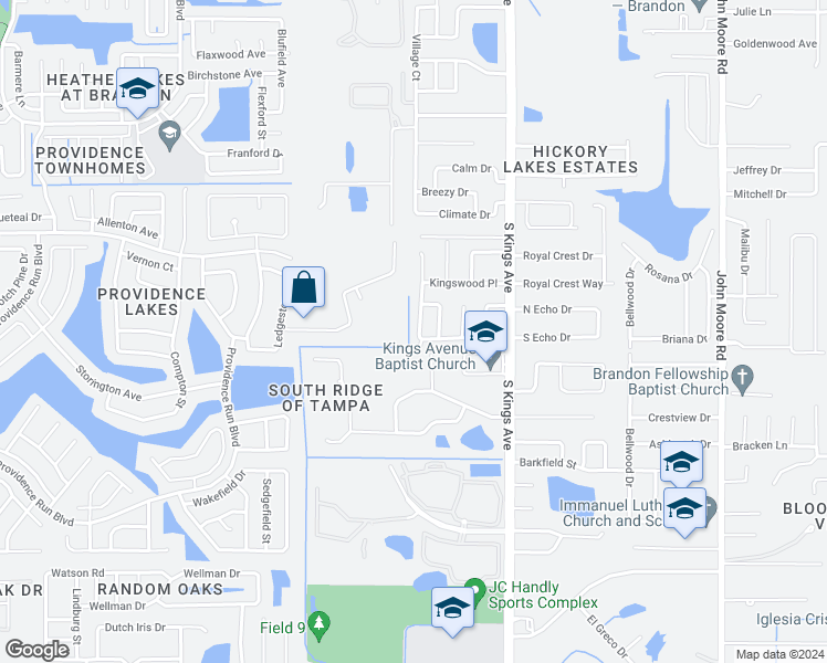 map of restaurants, bars, coffee shops, grocery stores, and more near 2232 Village Court in Brandon