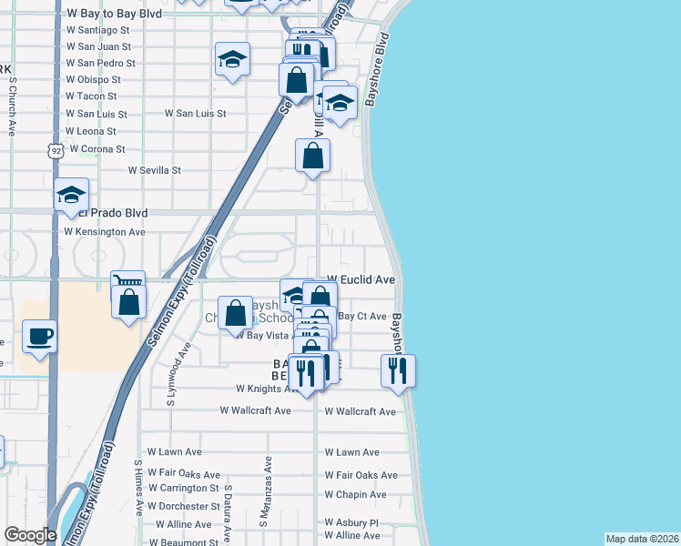 map of restaurants, bars, coffee shops, grocery stores, and more near 3009 West Euclid Avenue in Tampa