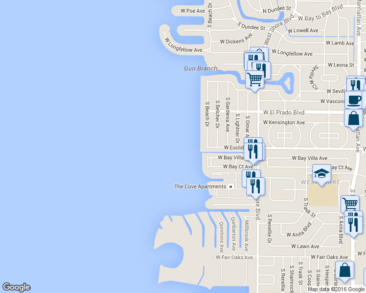 map of restaurants, bars, coffee shops, grocery stores, and more near 3621 South Beach Drive in Tampa