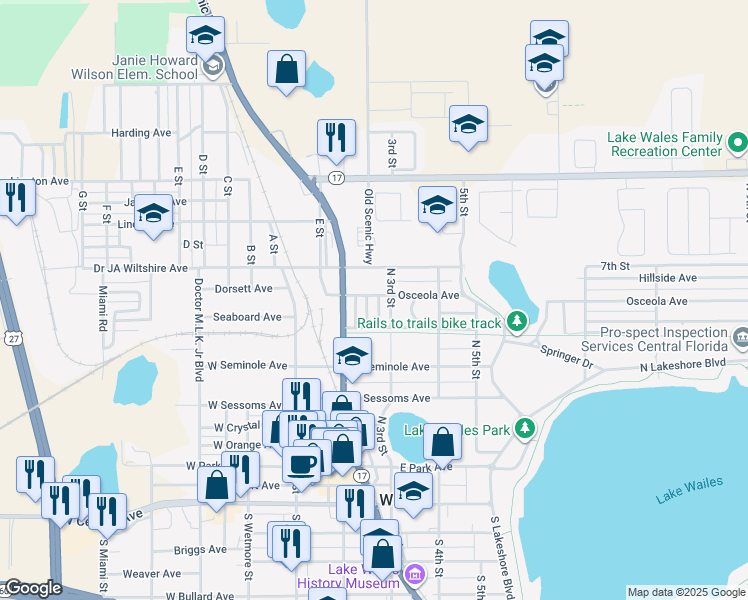 map of restaurants, bars, coffee shops, grocery stores, and more near 532 Lemon Street in Lake Wales