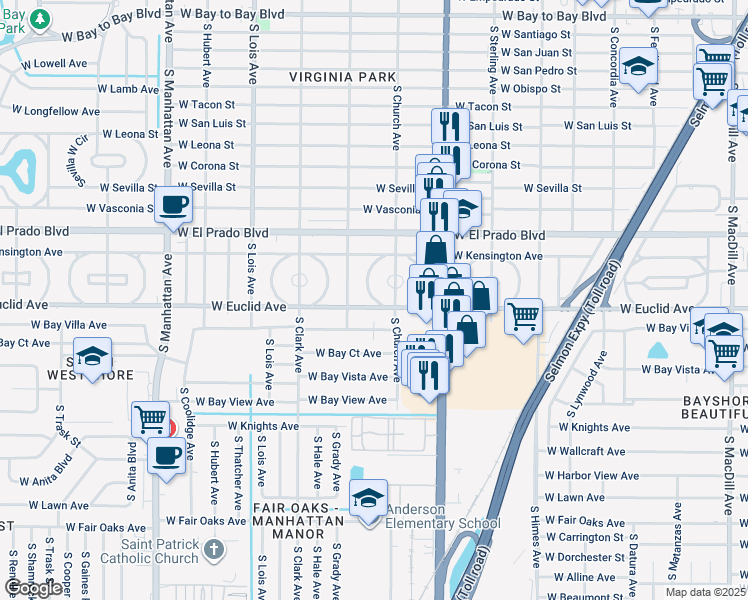 map of restaurants, bars, coffee shops, grocery stores, and more near 3627 West Tampa Circle in Tampa