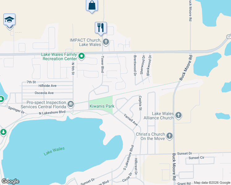 map of restaurants, bars, coffee shops, grocery stores, and more near 700 Cambridge Way in Lake Wales