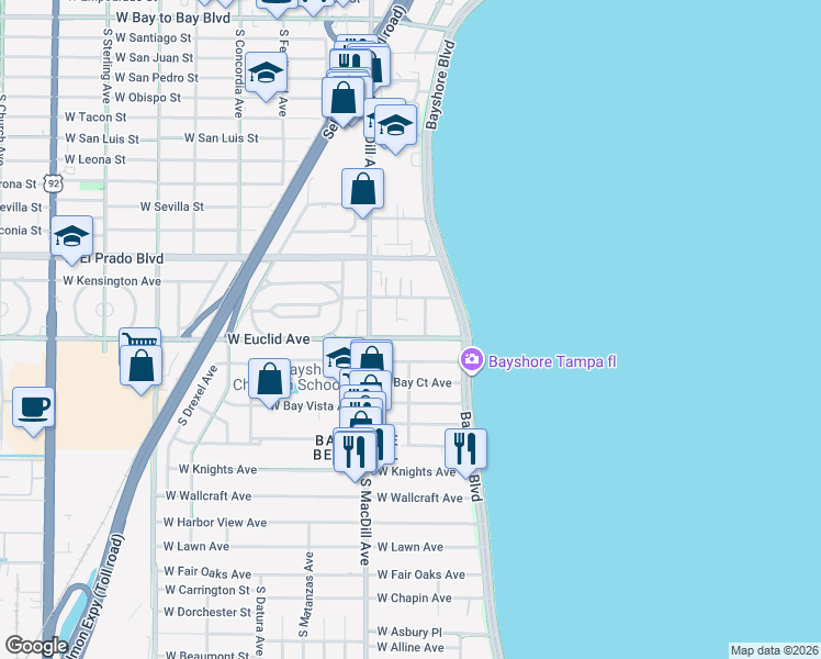 map of restaurants, bars, coffee shops, grocery stores, and more near 3009 West Euclid Avenue in Tampa