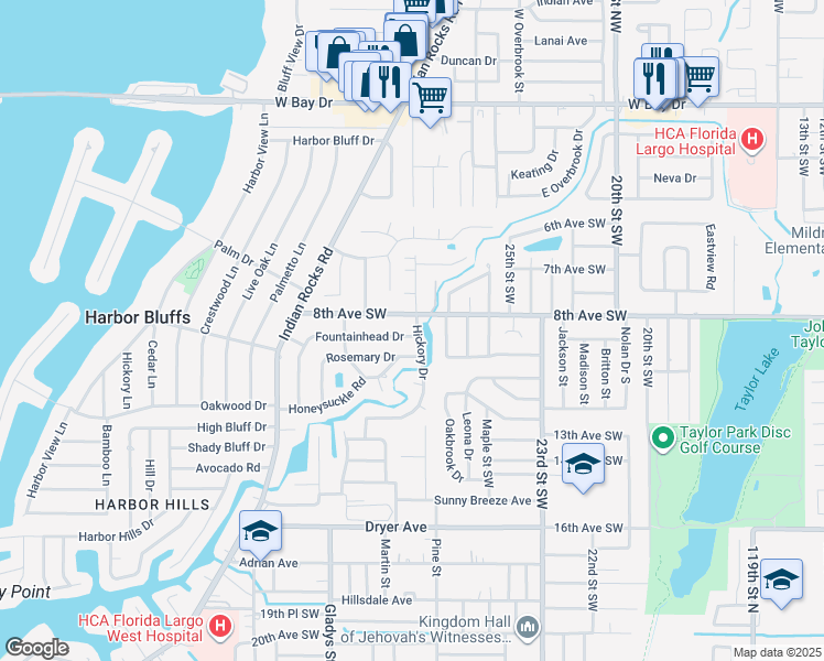 map of restaurants, bars, coffee shops, grocery stores, and more near 2889 Fountainhead Drive in Largo