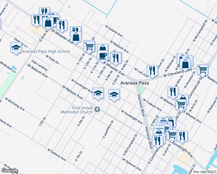 map of restaurants, bars, coffee shops, grocery stores, and more near 259 South 9th Street in Aransas Pass