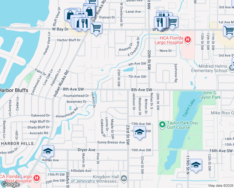 map of restaurants, bars, coffee shops, grocery stores, and more near 822 Palm Circle in Largo