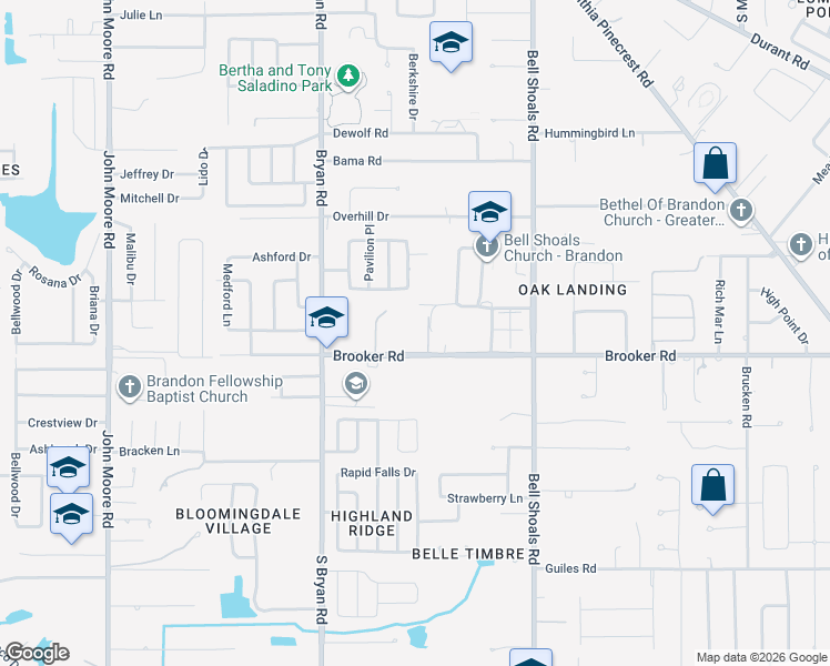 map of restaurants, bars, coffee shops, grocery stores, and more near 718 Brooker Road in Brandon