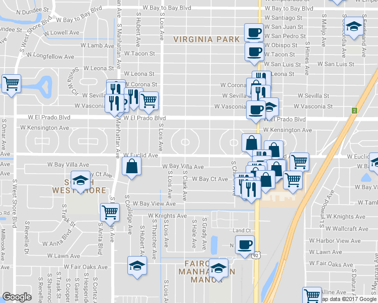 map of restaurants, bars, coffee shops, grocery stores, and more near 3629 East Clark Circle in Tampa