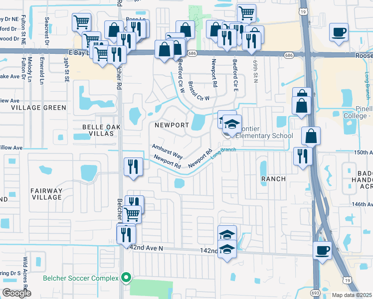 map of restaurants, bars, coffee shops, grocery stores, and more near 7220 Cambridge Way in Clearwater
