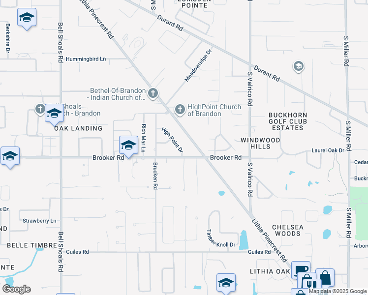 map of restaurants, bars, coffee shops, grocery stores, and more near 2217 High Point Drive in Brandon