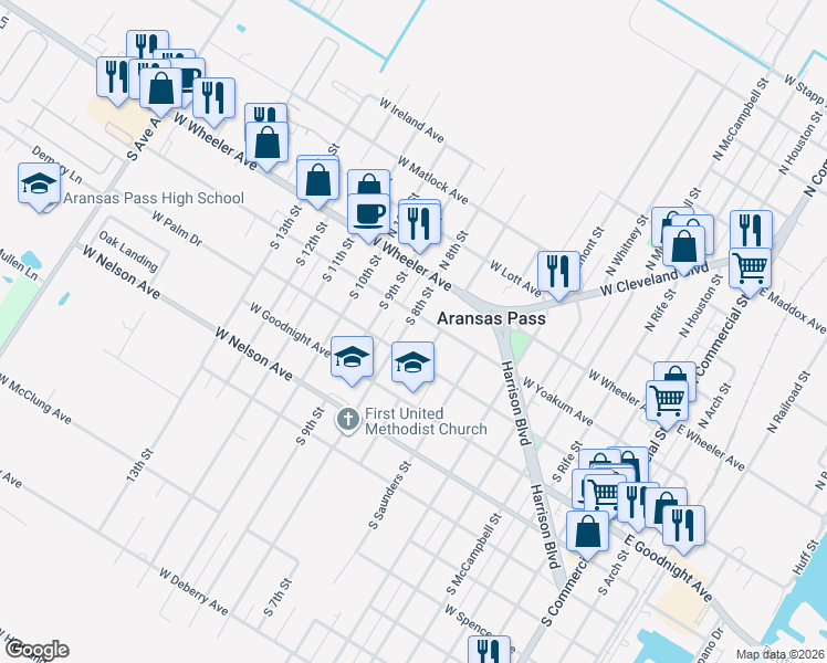 map of restaurants, bars, coffee shops, grocery stores, and more near 225 South 8th Street in Aransas Pass