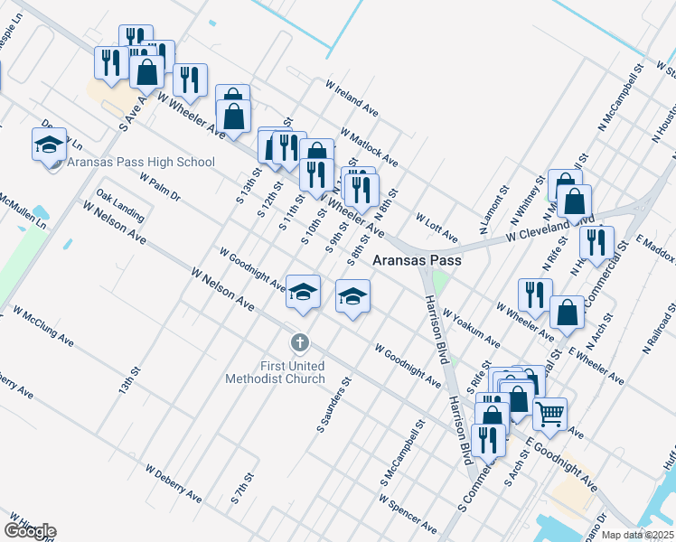 map of restaurants, bars, coffee shops, grocery stores, and more near 259 South 9th Street in Aransas Pass
