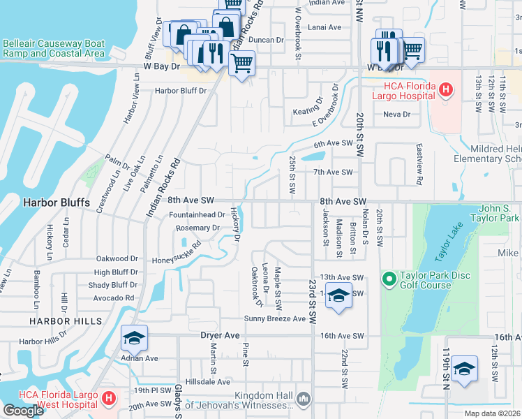 map of restaurants, bars, coffee shops, grocery stores, and more near 908 Leona Drive in Largo