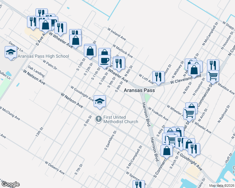 map of restaurants, bars, coffee shops, grocery stores, and more near 225 South 8th Street in Aransas Pass