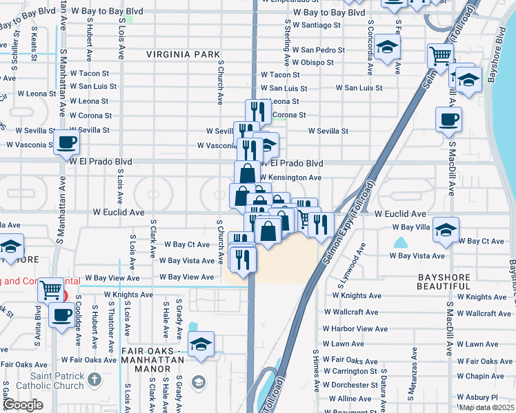 map of restaurants, bars, coffee shops, grocery stores, and more near 3650 South Dale Mabry Highway in Tampa