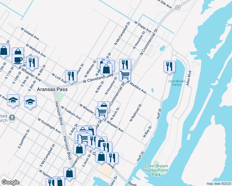 map of restaurants, bars, coffee shops, grocery stores, and more near 342 North Commercial Street in Aransas Pass